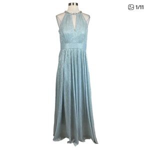 Eliza J Women's Formal Dress Size 14 Blue Metallic Beaded Halter Evening Gown